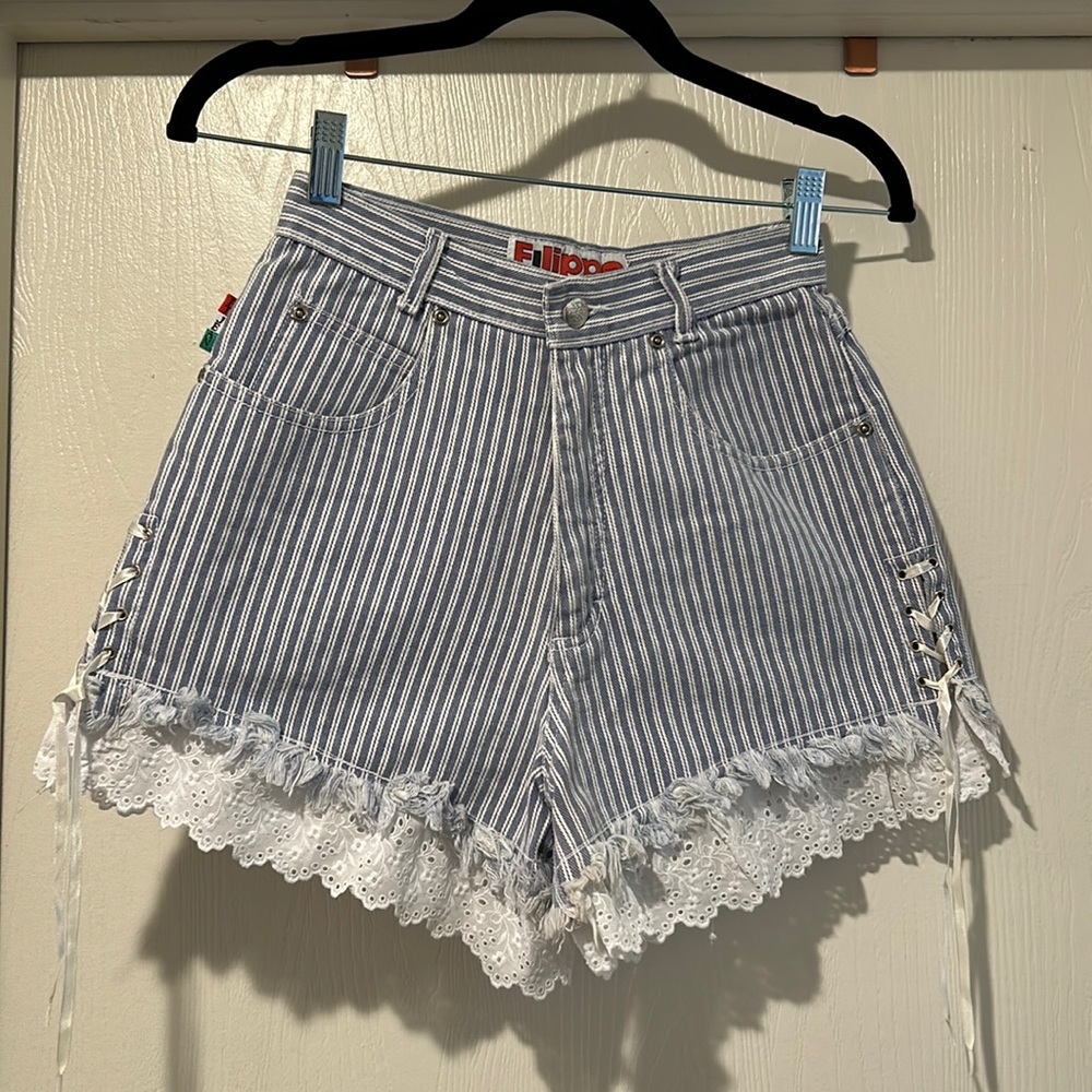Blue and white stripe shorts with lace trim